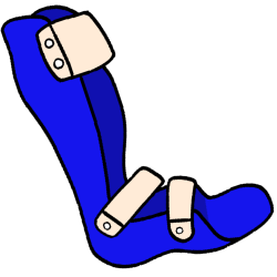 a blue AFO (ankle-foot orthosis) brace facing to the right.